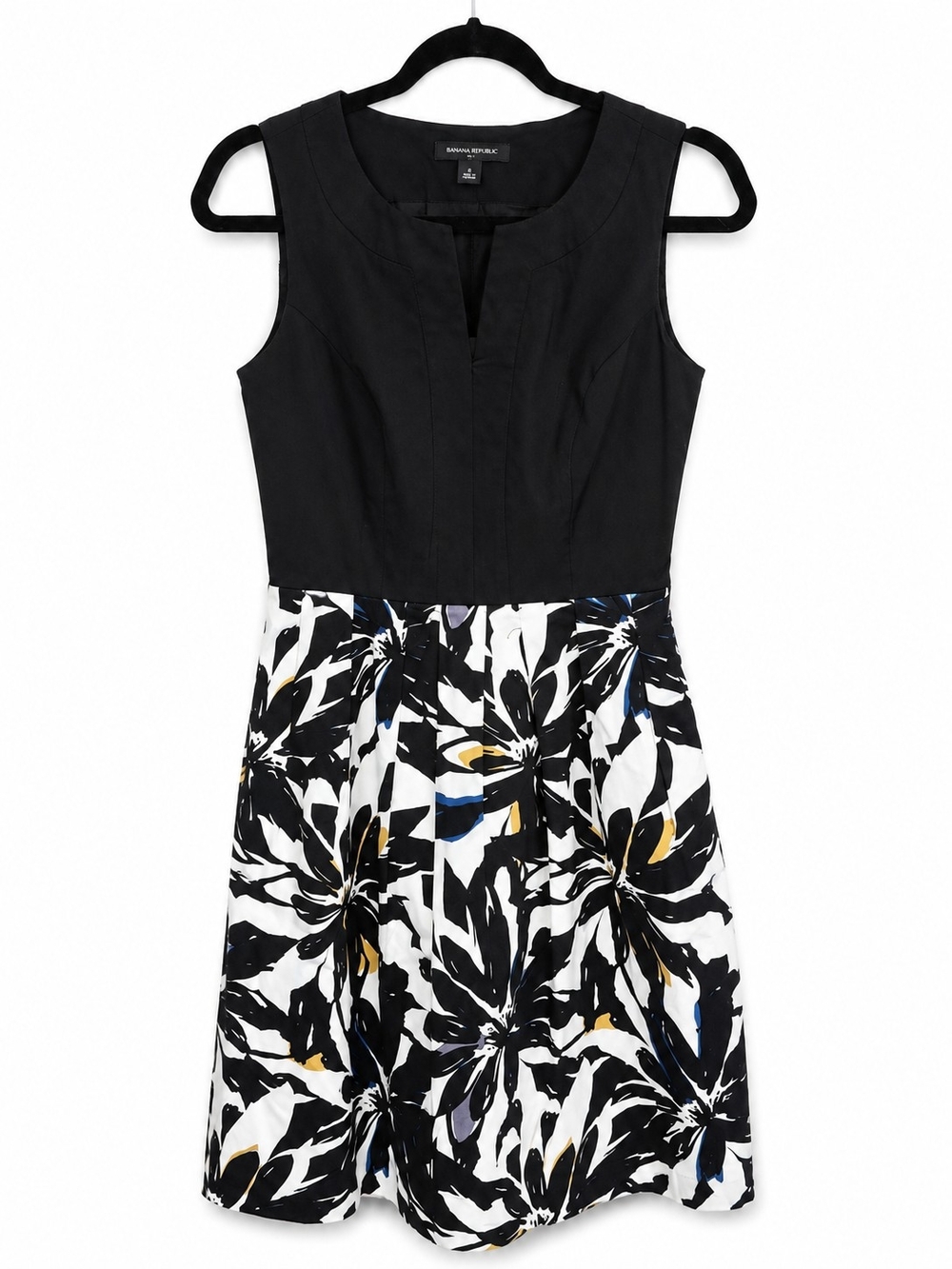Banana Republic Black Bodice Floral Skirt Dress with Blue & Gold Accents